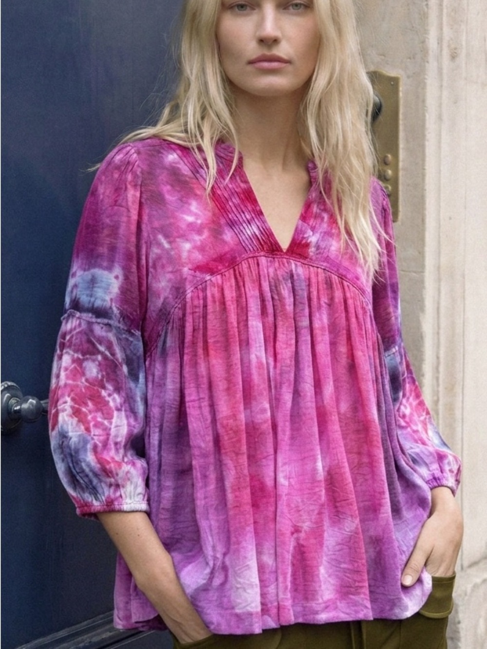 Hand Tie Dye Pink Purple Blouse Boho Peasant Top Relaxed Flowy Oversized Tunic